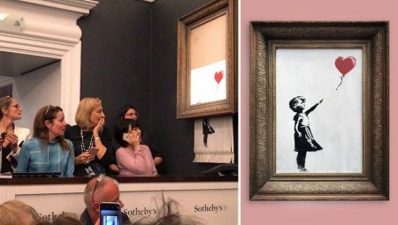 عمل بانكسي الفتاة مع البالون على لوح مزدوج في مزاد بريطاني